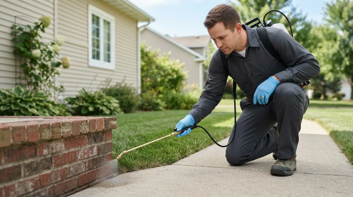Pest control technician treating a home near Sanford, CO